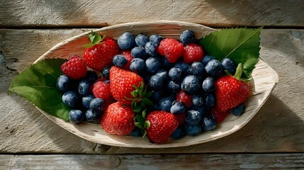 Overhead flat lay of fresh berries arranged in a biodegradable leaf tray on a rustic wooden table, illuminated by soft morning light.