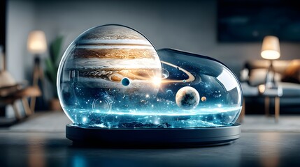 Planetary model with realistic details in a sleek display case, enhancing a cozy living room setting.