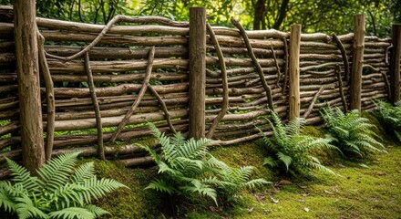 Woven wooden rural fence with green fern and mossy ground in a forest setting. Rustic garden partition for natural landscape.