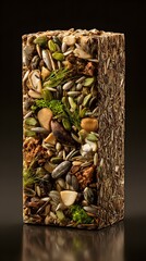 Snack box showcasing a textured design with raw seeds and natural fibers, ideal for healthy eating.