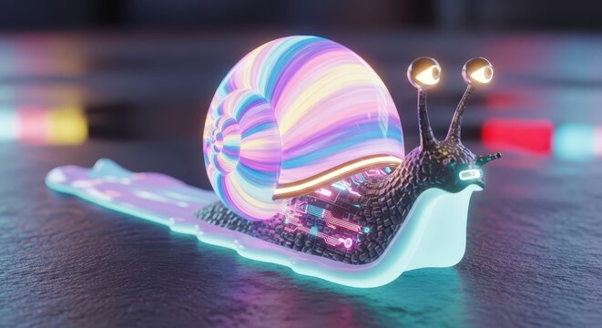 Fantastical glowing snail sculpture progresses across a dark textured surface
