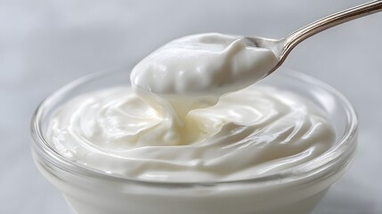 Spoon gently dips into a creamy bowl of vegan yogurt, showcasing a healthy, plant-based lifestyle and delicious indulgence.