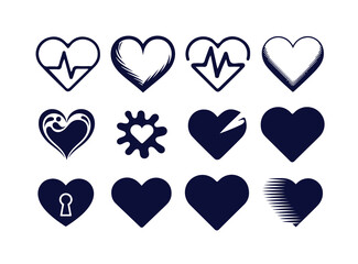 Collection of 12 dark blue heart icons for medical, health, and affection concept designs on white