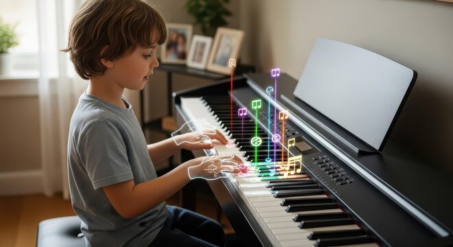 Young boy interacts with digital musical notes rising from a modern electronic keyboard