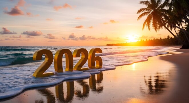 Golden 2026 balloons on a tropical beach at sunset - Powered by Adobe