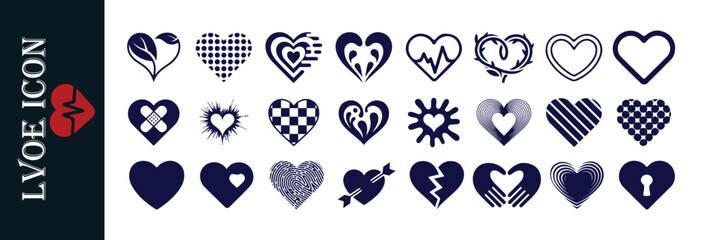 Diverse heart icons set symbolizing emotions, care, and medical concepts in various styles