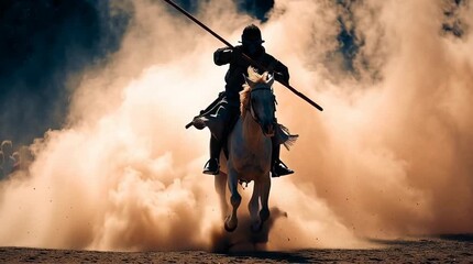 Horse rider performs daring stunts with spear at a vibrant festival, showcasing skill and artistry in dynamic motion