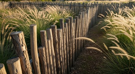 Wooden fence surrounded by tall grass creating a natural, rustic, and peaceful outdoor scene for nature-themed design elements.