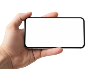Close up of a human hand holding a modern smartphone horizontally with a blank white screen isolated on transparent background
