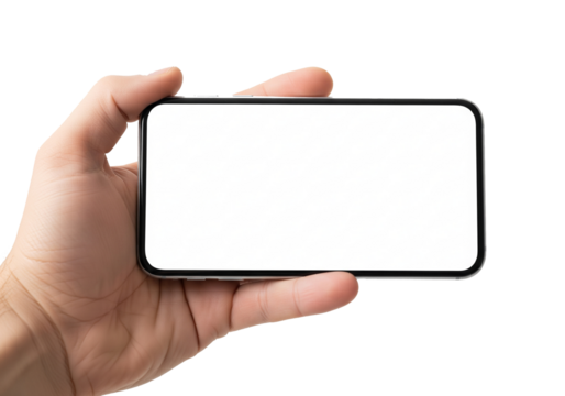 Close up of a human hand holding a modern smartphone horizontally with a blank white screen isolated on transparent background