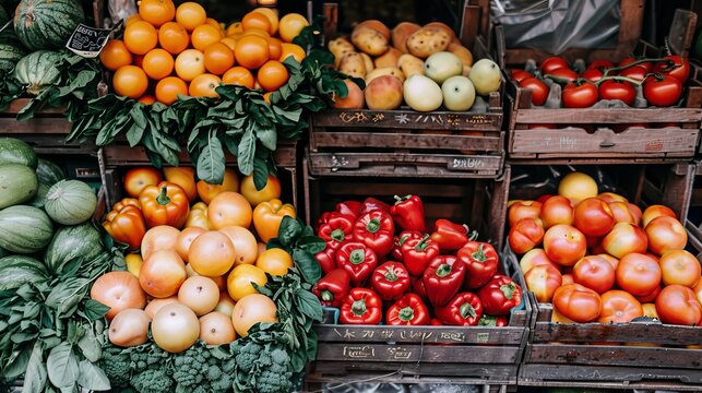 A vibrant display of fresh fruits, vegetables, and herbs at a lively farmers market festival.