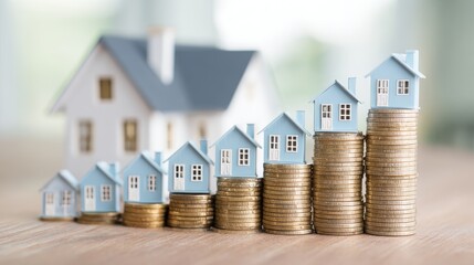 Stacked Coins with Miniature Houses Displaying Concept of Real Estate Investment Growth and Financial Prosperity in Housing Market