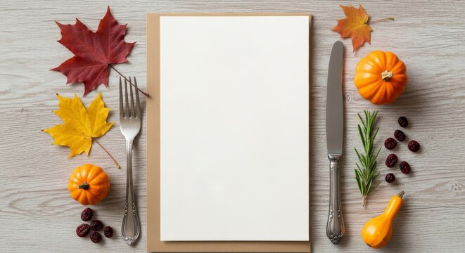 Thanksgiving table setting with blank menu card, autumn leaves, pumpkins, and cutlery.