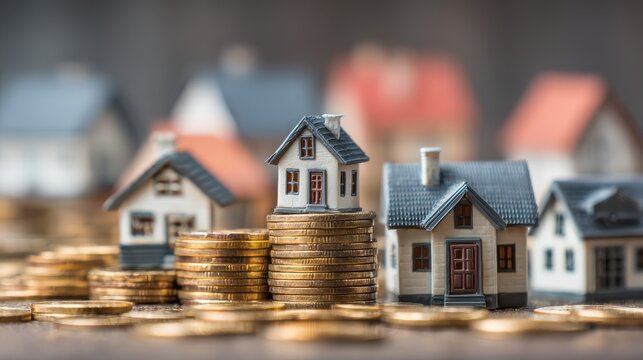 Miniature houses on stacks of coins representing real estate investment, property market growth, financial planning, and wealth accumulation.