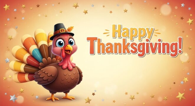 A cheerful cartoon turkey wearing a pilgrim hat wishes everyone a Happy Thanksgiving.