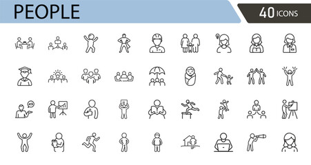 People icons set. Includes symbols representing individuals, groups, community, teamwork, communication, leadership, diversity, and social interaction. Outline icons.