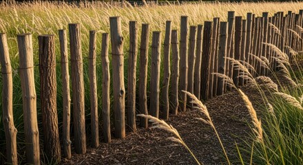 Wooden picket fence bordering a field of tall fluffy grass. Scenic agricultural barrier at sunset for nature and country living concept.