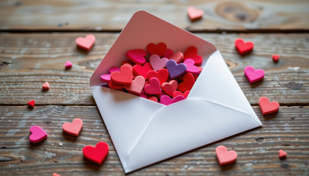 Valentine hearts white envelope wooden table, romantic love concept with colorful red, pink, and purple heart shapes scattered