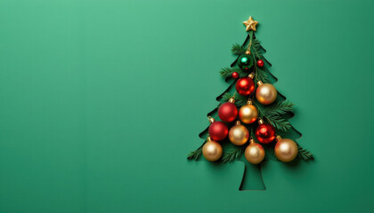 Christmas tree decoration with red and gold baubles on green background, festive holiday concept with joyful colors