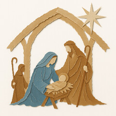 Detailed torn vector nativity composition Holy Family shepherd staff starburst stable white background illustration