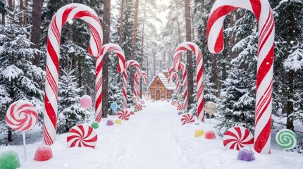 Naklejka premium Gingerbread house standing in a snowy winter forest, creating a sweet fairy tale scene with giant candy canes, lollipops, and colorful sweets lining a path