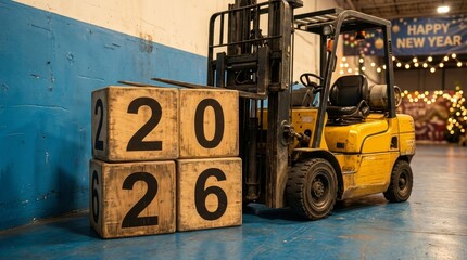 Forklift loading large wooden blocks spelling 2026 in a decorated warehouse setting, indicating future business operations and a new year in logistics and industry