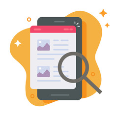Website content audit research on mobile cell phone icon vector modern design illustration, smartphone cellphone web site page analysis explore, internet app interface validation review with magnifier
