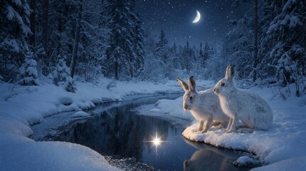 Naklejka premium White rabbits pausing by a calm river under a starry night sky, reflecting a glowing light on the water's surface in a snowy winter forest, evoking wonder and peace