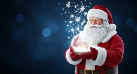 Santa Claus Holding a Snow Globe in a Festive Holiday Scene with Sparkling Snowflakes