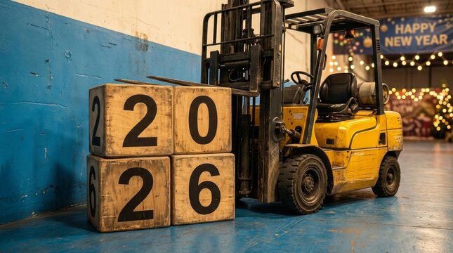 Forklift loading large wooden blocks spelling 2026 in a decorated warehouse setting, indicating future business operations and a new year in logistics and industry - Powered by Adobe