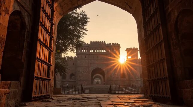 Sunset through the main gate of Maha Darwaja revealing a stunning sunstar effect in a historic fort
