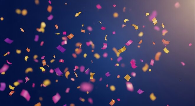 Colorful confetti falling on a dark blue background, celebrating a festive event with a joyful atmosphere
