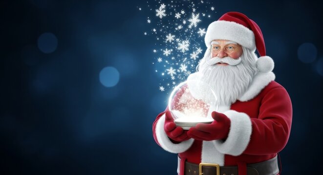 Santa Claus Holding a Snow Globe in a Festive Holiday Scene with Sparkling Snowflakes