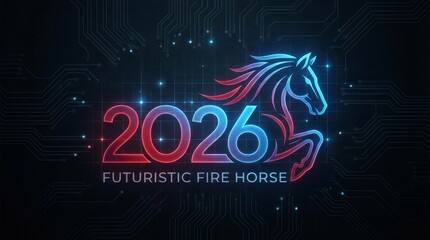 Representing the upcoming 2026 lunar new year, a stylized neon horse with a fiery mane leaps across a dark circuit board background with glowing digital elements