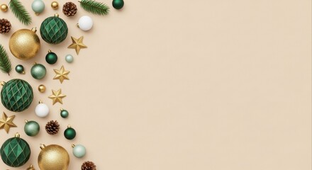 Elegant Christmas border with green and gold baubles, pine cones, and stars on a beige background
