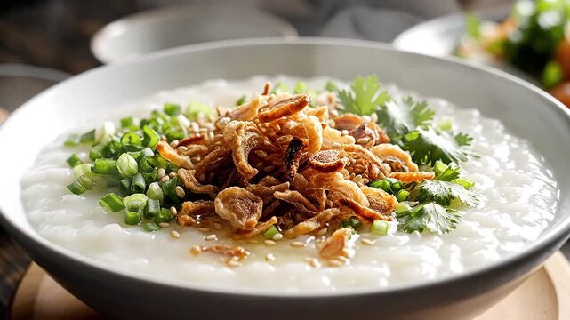 Silky congee topped with crispy shallots and herbs