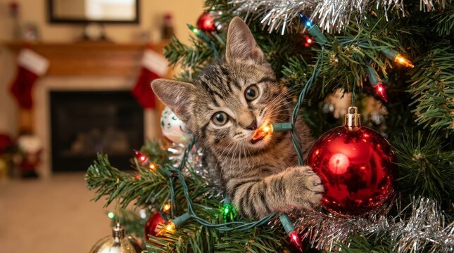 Tabby kitten getting into holiday mischief, biting colorful string lights and batting at a red ornament on a festive christmas tree with a blurred fireplace in the background