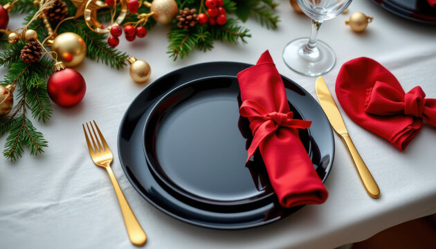 Stylish Christmas table setting with black plates, red napkins tied with bows, gold cutlery, and festive pine and bauble