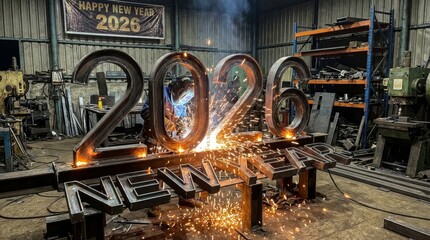 Obraz premium Welder in helmet and gloves sparks metalwork while cutting and assembling large 2026 numbers in a busy fabrication workshop, celebrating the new year with industrial skill