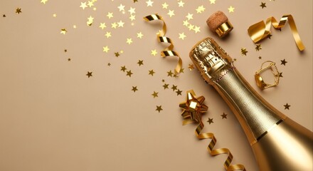 Golden champagne bottle with sparkling confetti stars and streamers for a festive party concept