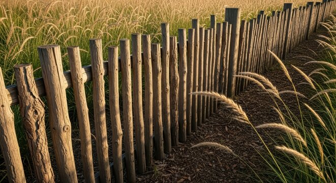 Wood fence line in a golden hour field. Rural landscape with long green grass and a rustic picket fence. Farm boundary in nature background.