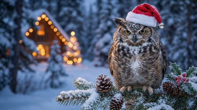 Great horned owl in a santa hat perched on a snow-covered pine branch with holly and cones, gazing at the camera against a blurred, twinkling winter cabin backdrop