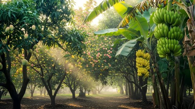 Lush tropical orchard with ripe mangoes and bananas bathed in golden morning sunlight fruit 4K Ai HD high quality video.
