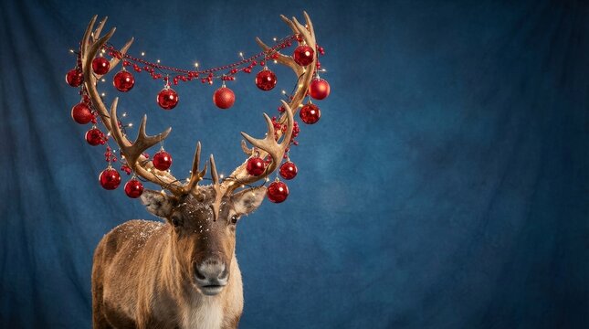 Reindeer standing in front of a blue background, its antlers adorned with glowing red christmas lights and festive red bauble ornaments, embodying holiday spirit and winter cheer - Powered by Adobe