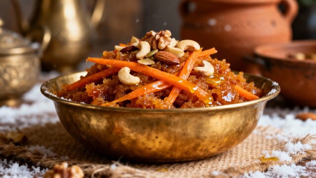 A rich and warm bowl of gajar ka halwa, served in a traditional brass bowl, topped with cashews, almonds, walnuts, and glossy ghee. The halwa features visible grated carrot strands and a perfectly car