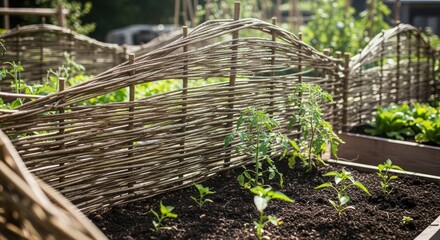 Raised garden bed with newly planted vegetables and a traditional wattle fence. Organic backyard gardening and sustainable food production concept for home.