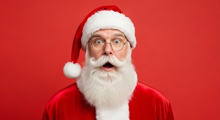 Amazed senior man in traditional festive costume with a wide-eyed, open-mouthed expression of surprise on a vibrant red backdrop