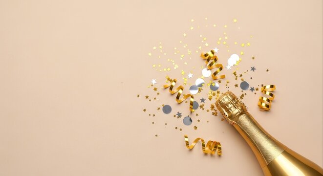 Golden champagne bottle with swirling ribbons and confetti on a light beige background, celebrating joy and festivity