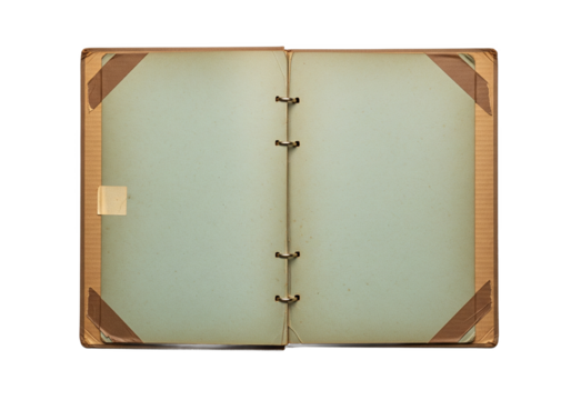 Vintage open ledger book with aged paper pages and leather corner protectors isolated on transparent background