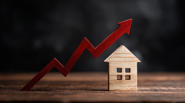 Wooden house model with rising red arrow representing growth in real estate market and positive trend in property investment and financial success